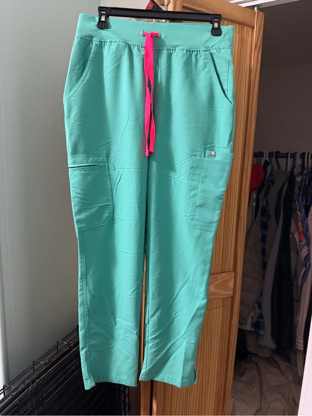 Women’s Figs Teal Cargo Jogger Pants with Hot Pink Drawstring